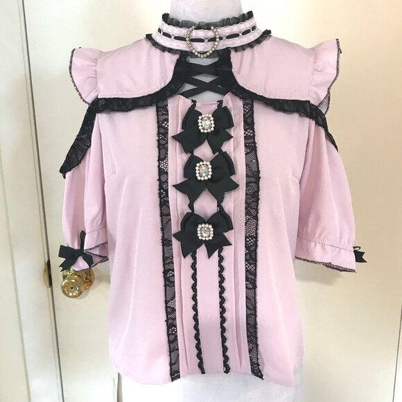 Lolita Victorian J-fashion Jirai Kei Pink Black Bows Open Shoulder Blouse Top L - Picture 1 of 8